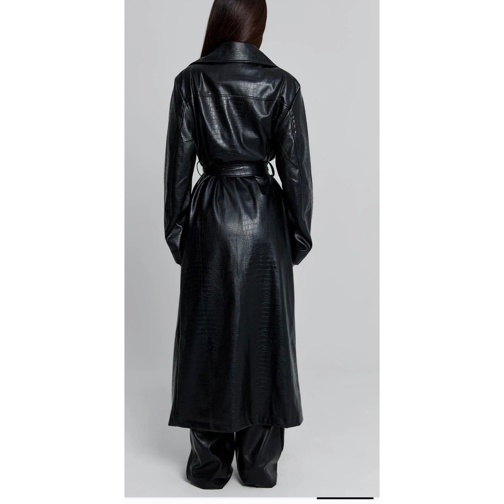 Outcast Clothing Black Croc Embossed Faux Leather Trench Coat Jacket Small - Picture 2 of 10